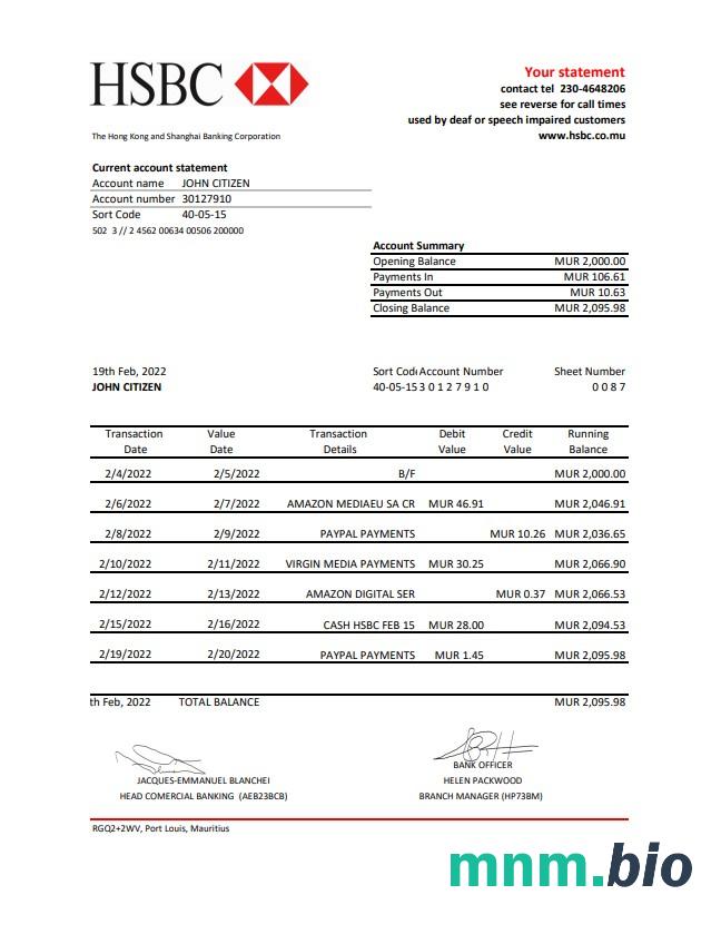 Mauritius Commercial Bank (MCB) wyciąg z konta Word i szablon PDF